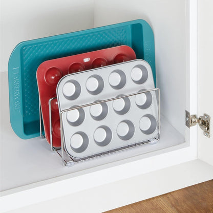 mDesign 3 Slot Tray and Pan Rack — Metal Wire Rack for Pantry and Kitchen Storage — Freestanding Pan Lid Holder Also for Baking Trays and Crockery – Silver