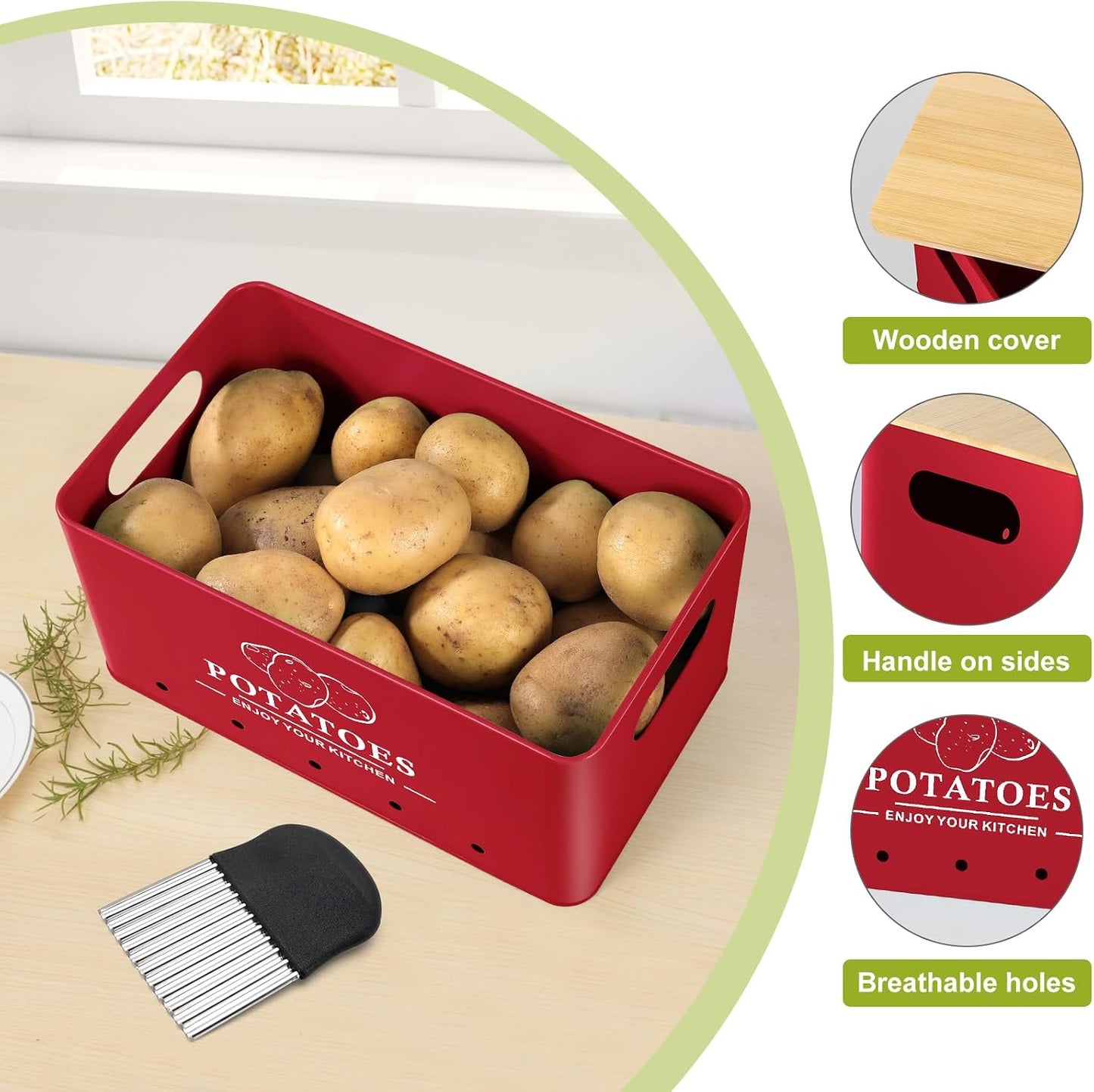 Kitchen Vegetable Storage Set of 3, Metal Onion Garlic Potato Storage Set, Kitchen Canisters Vegetable Keeper Containers with Aerating Holes and Bamboo Lid,Black