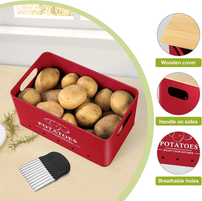 Kitchen Vegetable Storage Set of 3, Metal Onion Garlic Potato Storage Set, Kitchen Canisters Vegetable Keeper Containers with Aerating Holes and Bamboo Lid,Black