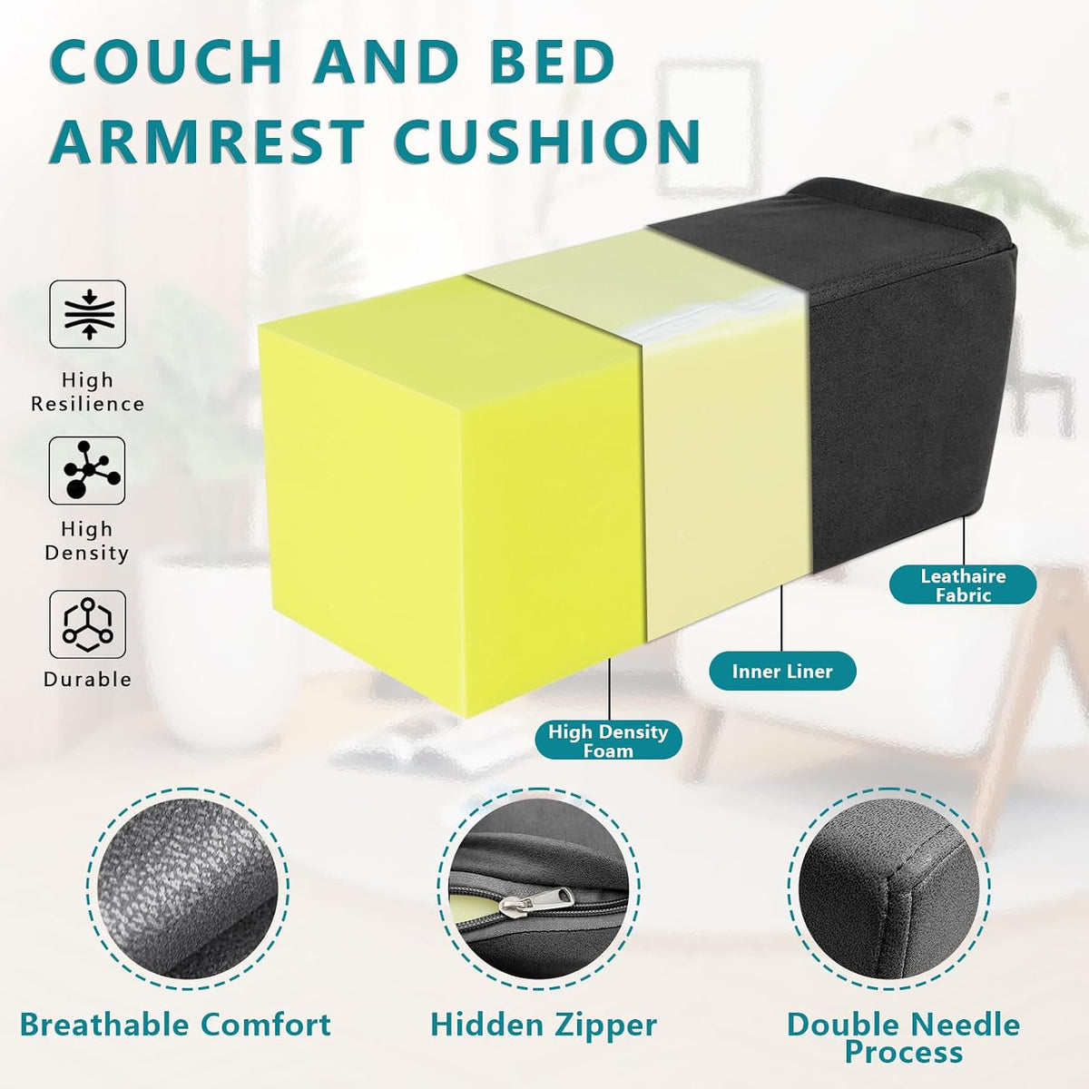 2 Pack Couch Arm Rest Pillow, 6''x6''x20'' Faux Leather Waterproof Cover, High Density Foam Armrest Cushion, Removable & Washable Elbow Support for Sofa, Bed, and Armchair (Medium Grey)