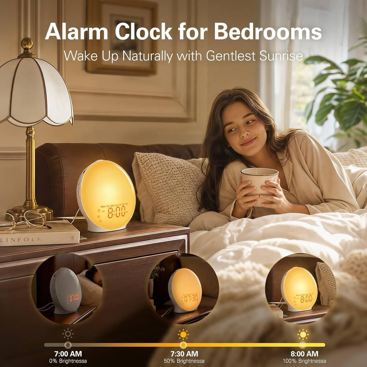 JALL Full-Screen Wake Up Light Sunrise Alarm Clocks for Bedrooms, White Noise Machine for Heavy Sleepers, 25 Natural Sounds, Dual Alarms, FM Radio, 17 Dimmable Colors, Bluetooth Speaker