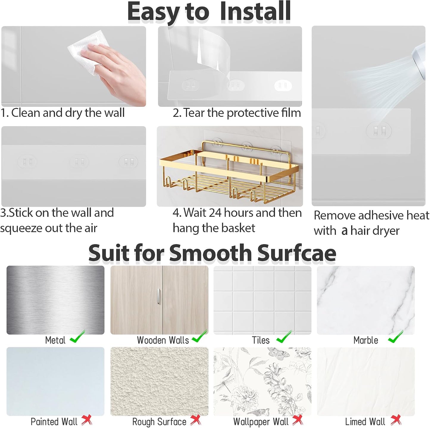 Liuoud 5 Pack Shower Caddy for Inside Shower, Gold Bathroom Storage Decor | Large Rustproof Stainless Steel Organizer with Strong Adhesive, No Drilling Wall Mounted Shelves, Bathroom Accessory Set