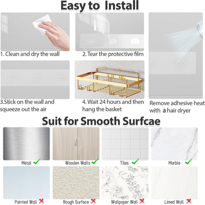 Liuoud 5 Pack Shower Caddy for Inside Shower, Gold Bathroom Storage Decor | Large Rustproof Stainless Steel Organizer with Strong Adhesive, No Drilling Wall Mounted Shelves, Bathroom Accessory Set