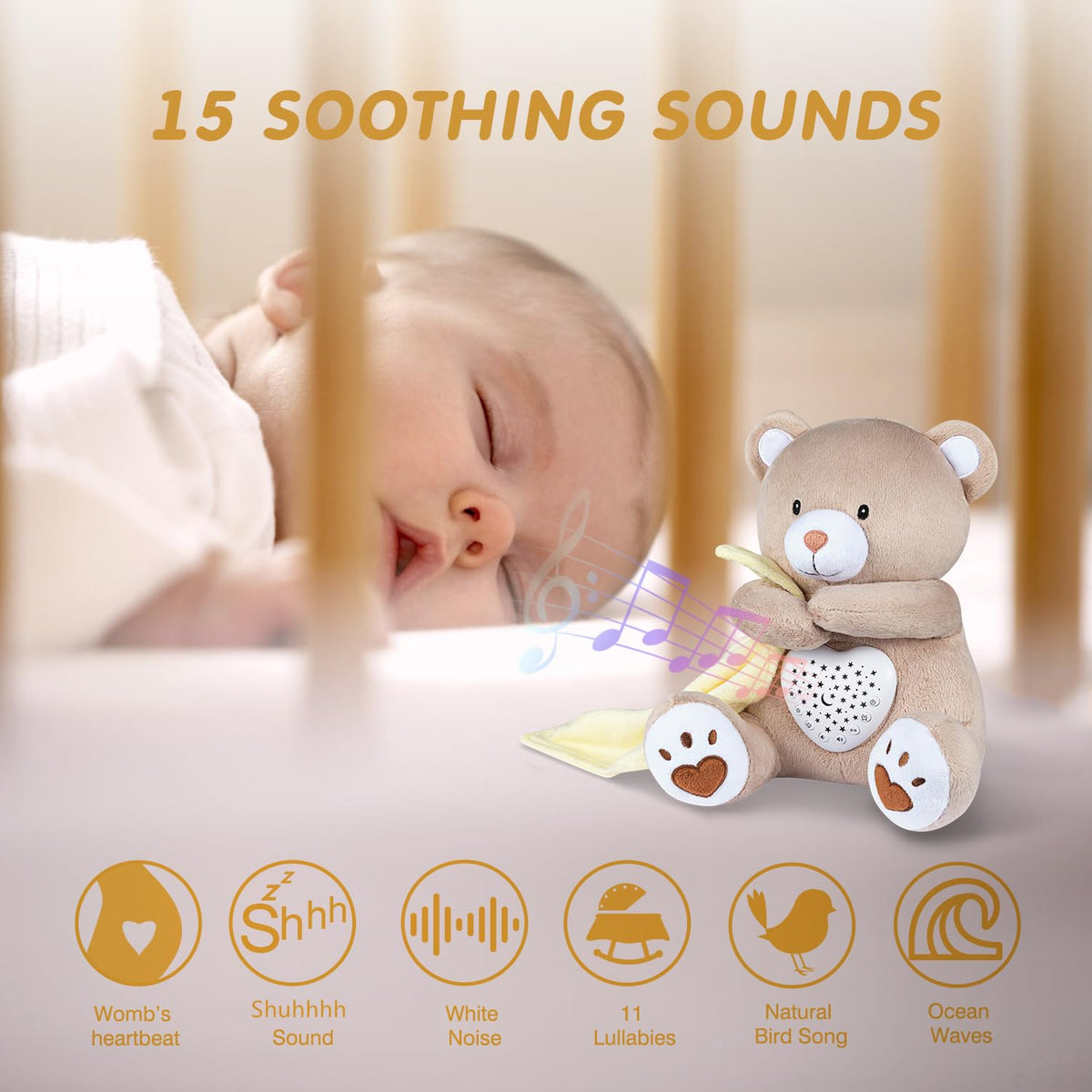 BEREST A13 White Noise Machine & Baby Sleep Soother with 15 Soothing Sounds & Projector Night Light Music Box, Cry Sensor, Rechargeable, Portable for Newborns, Toddlers, Attaches to Crib