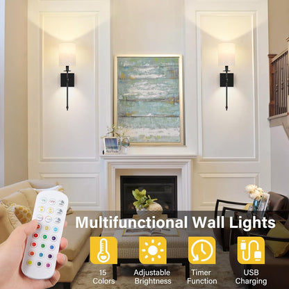 Battery Operated Wall Sconces Set of 2, Rechargeable Sconces with Remote