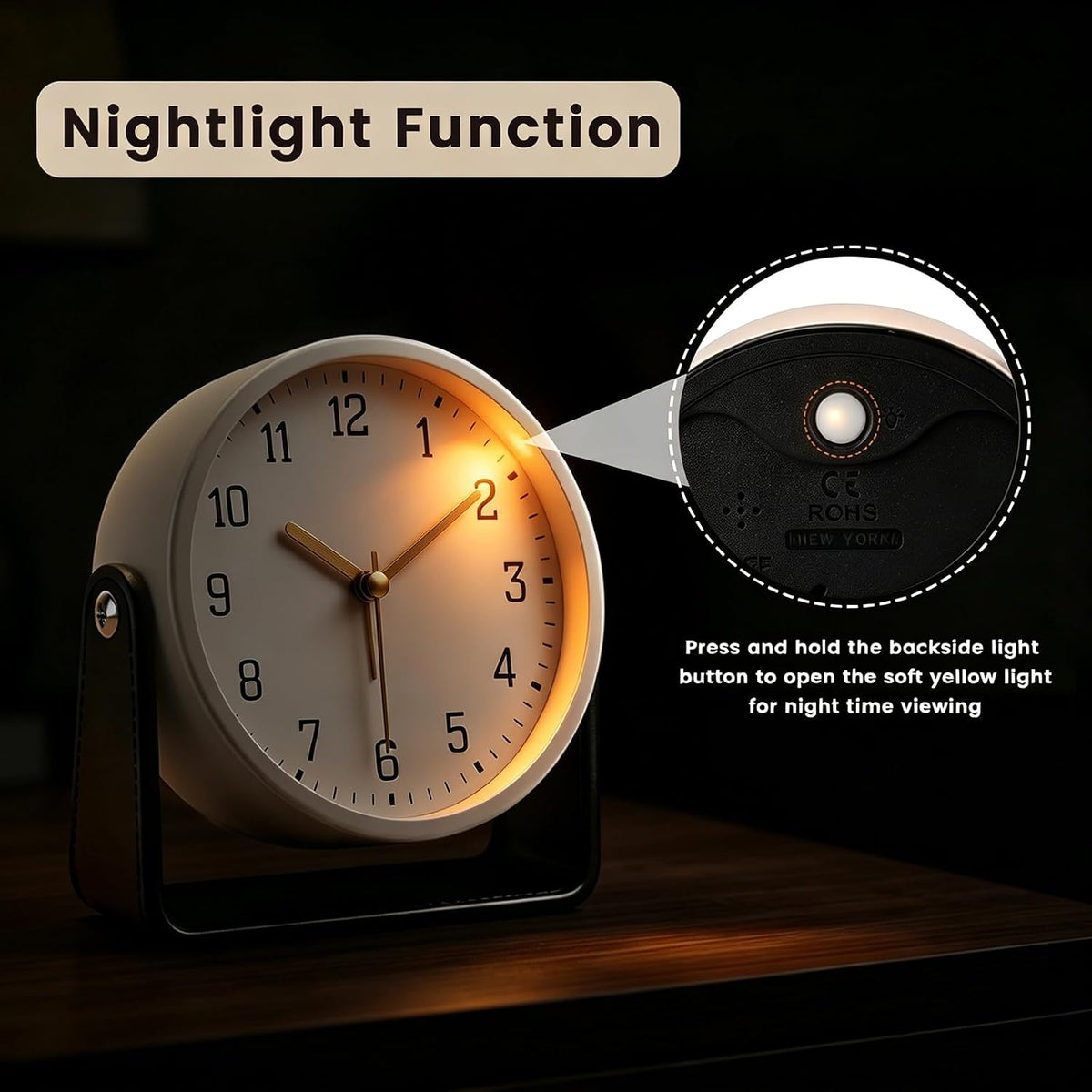 Analog Alarm Clock - 4.5" Silent Non Ticking Small Clock with Light, Rotatable Stand Metal Desk Clock Battery Operated, Simple Design for Living Room Decor/ Bedroom/Bedside/Shelf (Black & White)
