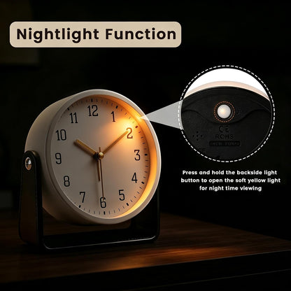 Analog Alarm Clock - 4.5" Silent Non Ticking Small Clock with Light, Rotatable Stand Metal Desk Clock Battery Operated, Simple Design for Living Room Decor/ Bedroom/Bedside/Shelf (Black & White)