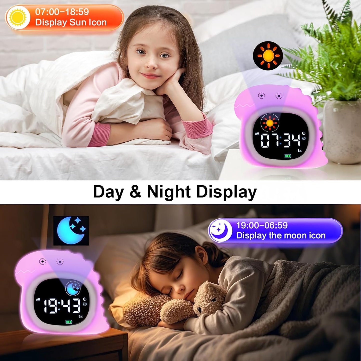 Kids Alarm Clock, Sunrise Alarm Clock with Night Light, LED Display Bedside Clock with Sleep Music Soothing Sounds, Snooze Function, 12/24H, 6 Adjustable Brightness for Bedroom, White Bear