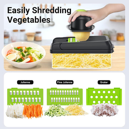 12-in-1 Vegetable Chopper with 7 Blades, Food Veggie Cutter, Green | Includes Egg Separator, Food Container and Finger Guard, Non-slip Base, for Chopping, Slicing, Shredding, and Mincing