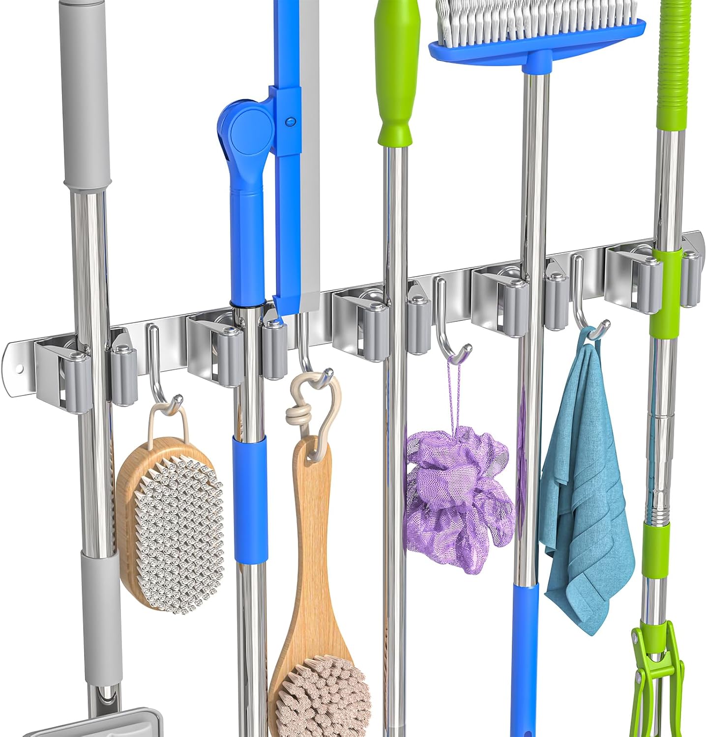 Broom Holder Wall Mount Mop Organizer, 5 Racks 4 Hooks | Premium Stainless Steel Mop Holder Storage Tool Utility Racks Solid for Home Kitchen Garden Laundry Garage