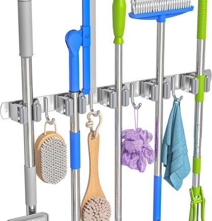 Broom Holder Wall Mount Mop Organizer, 5 Racks 4 Hooks | Premium Stainless Steel Mop Holder Storage Tool Utility Racks Solid for Home Kitchen Garden Laundry Garage