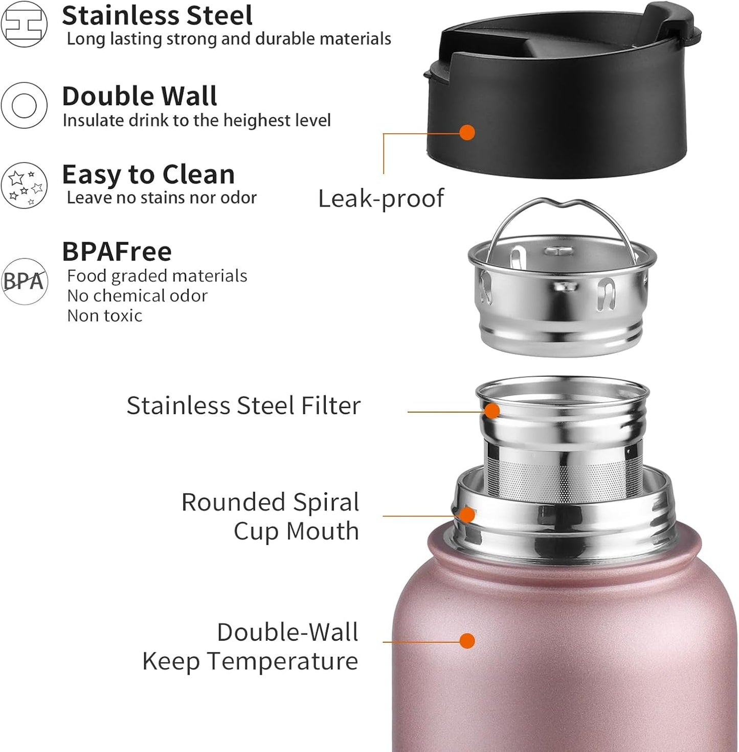 Sivaphe Infuser Travel Mug with Removable loose leaf Tea Strainer Tea Filter Water Bottle 18/8 Stainless Steel Insulated Tumbler for Women Rosegold