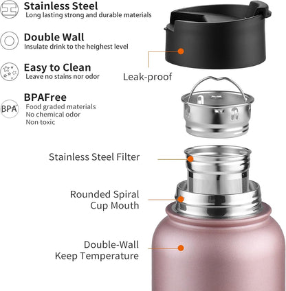 Sivaphe Infuser Travel Mug with Removable loose leaf Tea Strainer Tea Filter Water Bottle 18/8 Stainless Steel Insulated Tumbler for Women Rosegold