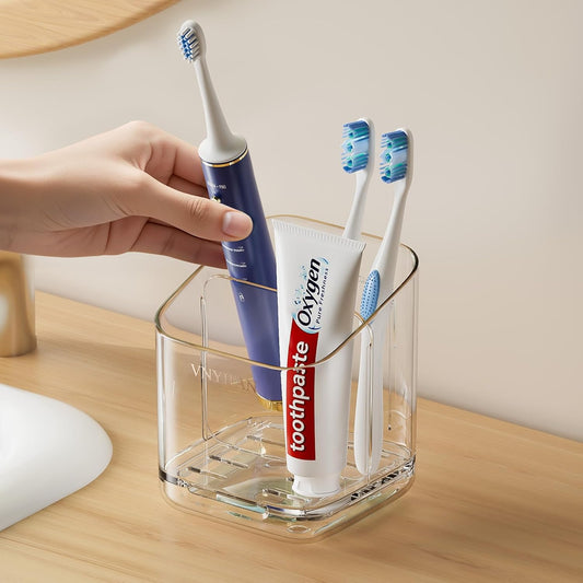 3 Slots Toothbrush Holders with Detachable Dividers for Bathrooms | Toothbrush Holder Wall Mounted with Drip Tray, Electric Tooth Brush and Toothpaste Holder Organizer for Bathroom Countertop