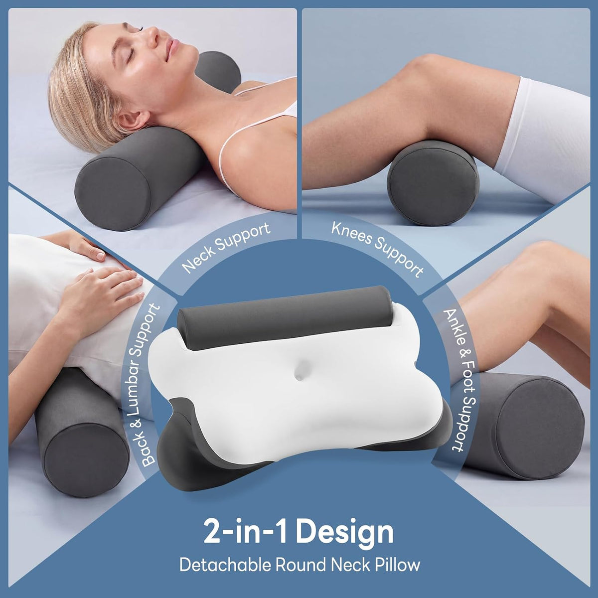 DUMOS 2-in-1 Contoured Neck Pillow, Slow Rebound Cooling Memory Foam with Detachable Round Support Roll, Multi Support Bolster for Neck Waist Ankle, Washable Cover for Side Back Stomach Sleepers White