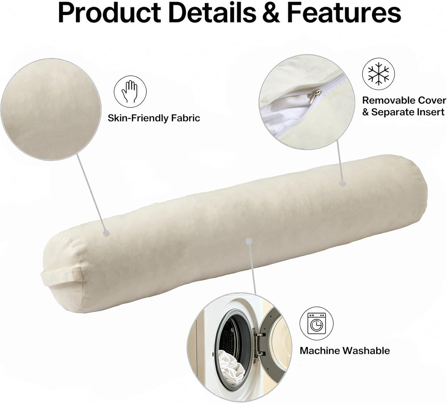 SAMTY Bolster Pillow for Adults, Long Round Body Pillow for Bed, 76x7.87 | Beige, Velvet Lumbar Pillow, Soft Cylindrical Body Pillow, Hidden Zipper And Carry Handle for Sleeping, Reading Relaxing