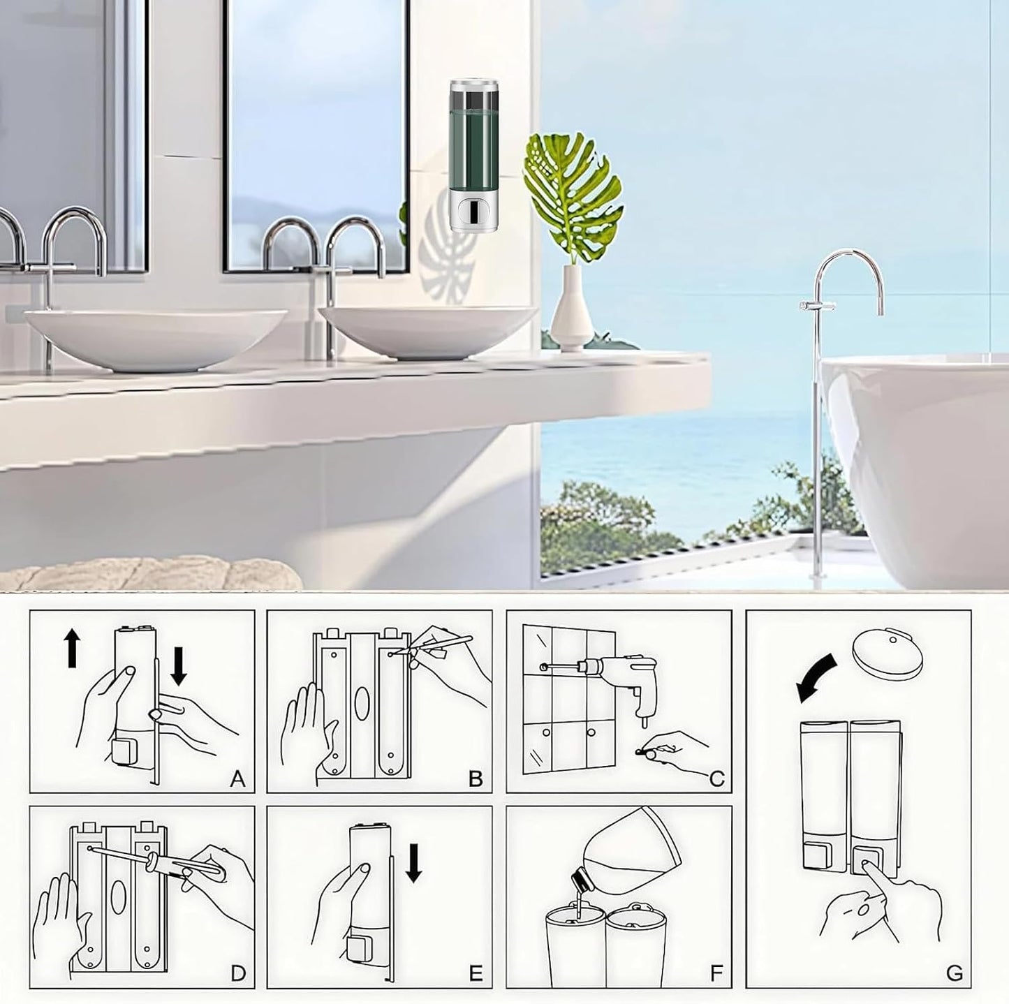 10oz/300ml Single Manual Wall Mounted Soap Dispenser, Black | Bathroom Shampoo and Conditioner Dispenser, Clear Plastic Refillable Liquid Lotion Pump Dispenser and Organizer