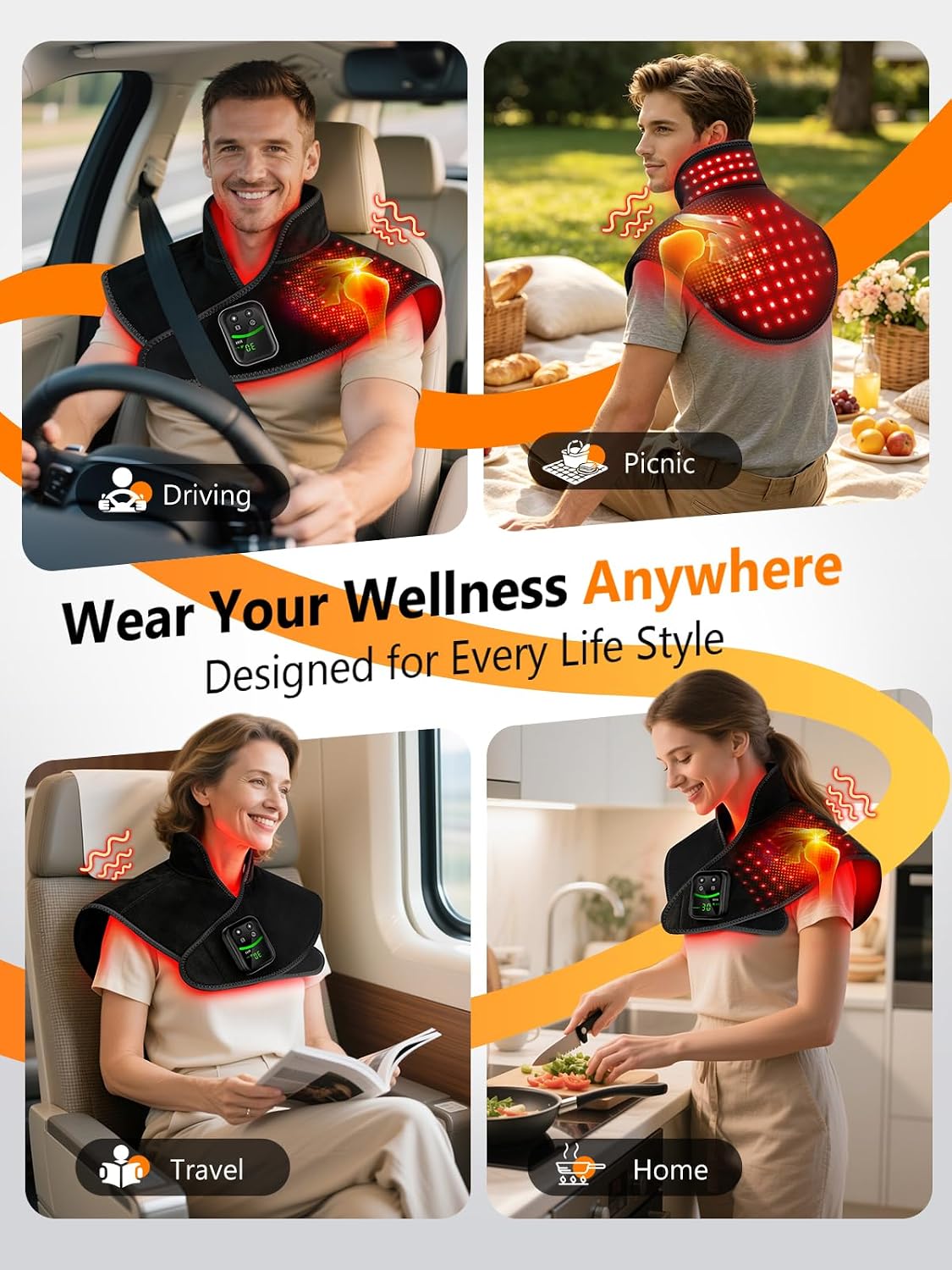 Red Light Therapy for Neck Shoulder 118 LEDs with Heat & Vibration | Infrared Light Pad with 354 Beads 660nm & 850nm, 5000mAh Cord-Free Controller, for Upper Back, Shoulder, Neck, Black