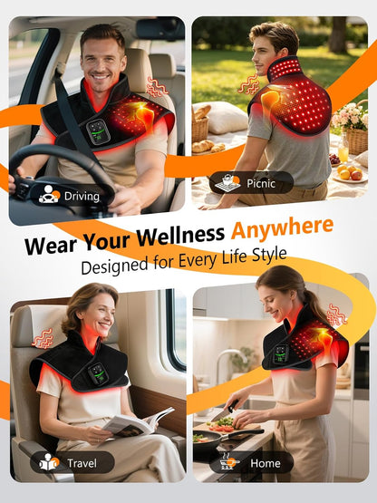 Red Light Therapy for Neck Shoulder 118 LEDs with Heat & Vibration | Infrared Light Pad with 354 Beads 660nm & 850nm, 5000mAh Cord-Free Controller, for Upper Back, Shoulder, Neck, Black
