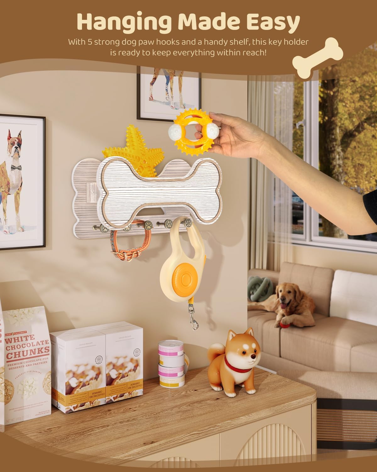MTERSN Dog Leash Holder for Wall with Key Hooks for Dog Gear Storage, Brown | 3D Puppy Paw Hooks, Doggie Bone Shape, Key Rack with 5 Hooks, Wall Shelf for Treats & Dog Food, Ideal for Wall Decor