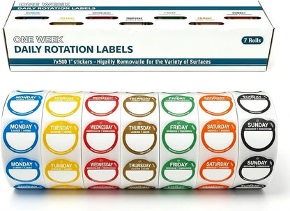 Day Dots Food Labels, 1 Inch 3500 Pcs Removable Date Stickers for Food, 7 Rolls Days of The Week Labels for Restaurant Kitchen Containers, Self Adhesive Day Dot Sticker