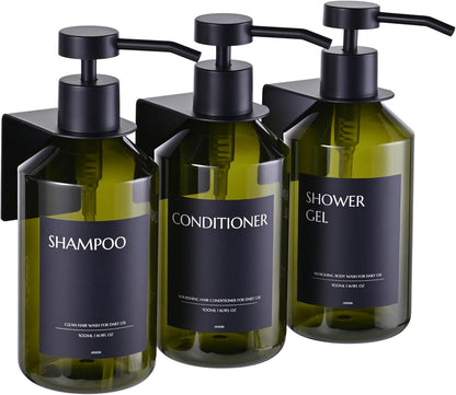 Shampoo and Conditioner Dispenser Set of 3 for Wall Mount | 16.9 fl oz Drill Free Shower Soap Bottles,Refillable Body Wash Dispensers for Bathroom Decor (Amber Bottles + Bamboo Pumps)