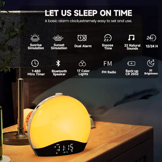 Sunrise Alarm Clock Wake Up Light, Kids Hatch Alarm Clock, Bluetooth White Noise Machine with 22 Soothing Sounds, 17 Color Night Lights, Sunrise Simulation, Dual Alarms, FM Radio, Snooze, Ideal Gift