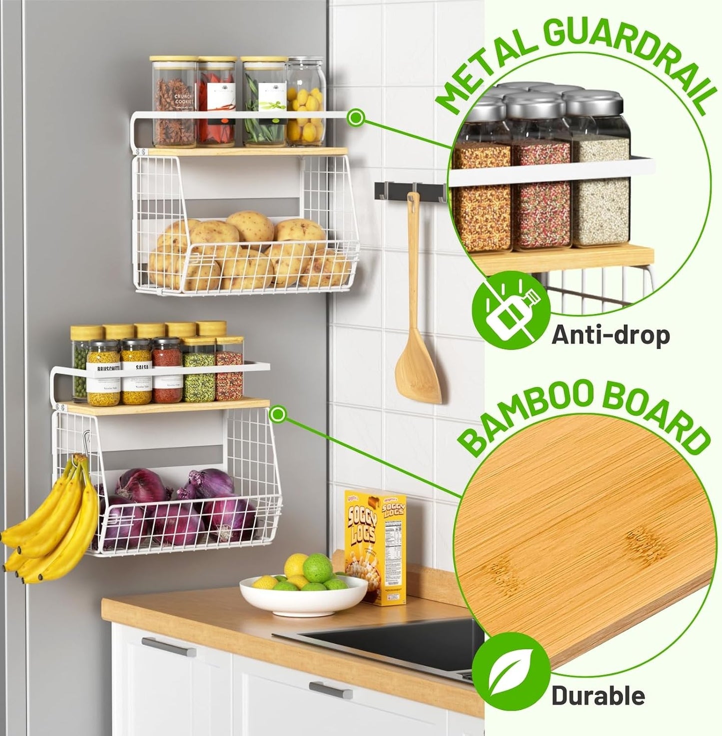 Magnetic Shelf for Fridge with Wood Lid, Fruit Potato and Onion Storage Bins, Pantry Organizers & Storage, Large Container Magnetic Spice Rack for Refrigerator, Kitchen Counter, Cabinet | Strong magnet holds 50lbs, ventilated bin for produce, versatile