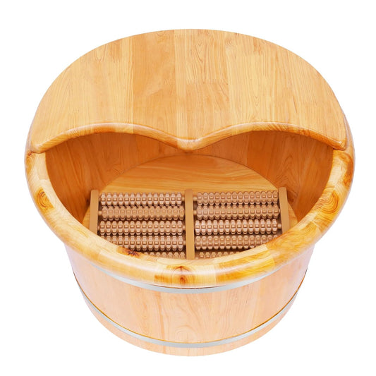 Cedar Wood Foot Bath Bucket, Large Wooden Foot Spa Tub with Massage Roller, Natural Pedicure Foot Soaking Barrel for Home Relaxation, Stress Relief, Deep Cleaning, 15.75 Inch, Includes Lid