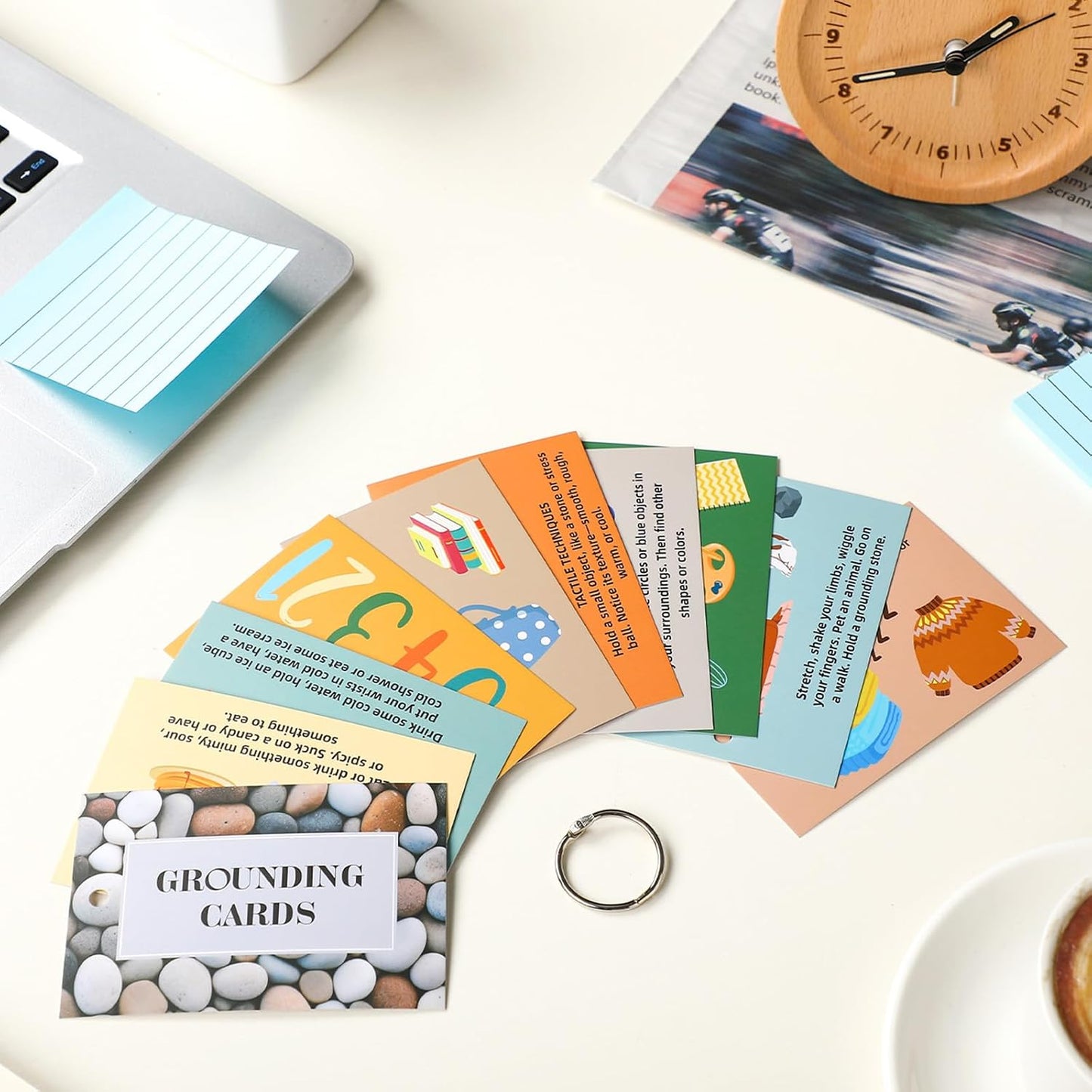 10 Pcs Grounding Card Coping Skills Card for Anxiety & Stress Relief with Metal Binder Rings Mindfulness Flashcard Meditation & Self-Care Tools Mental Health Therapy Gift for Adults Teens
