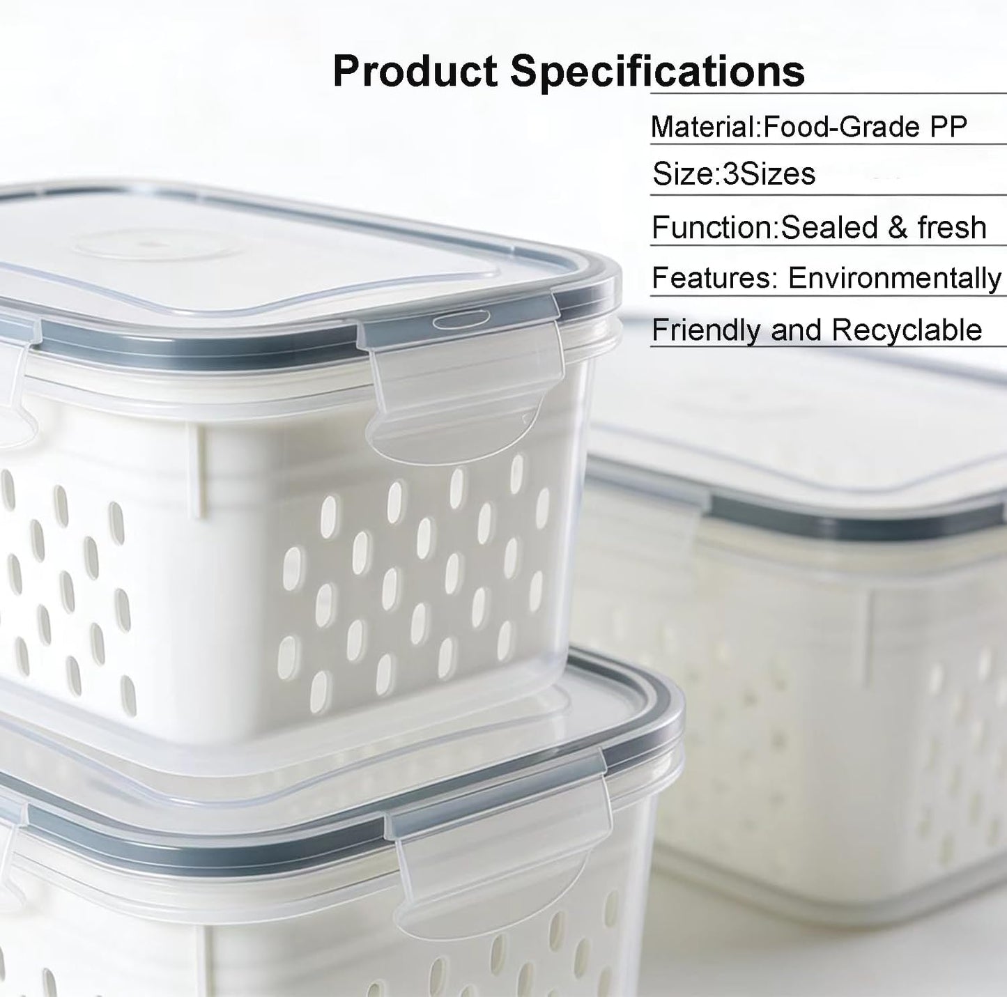2-in-1 Stackable Food Storage Containers with Lids Airtight, 3 Size Fruit Vegetable Fresh-Keeping Saver with Drain Basket, BPA-Free Fridge Organizer for Berry, Salad, Meat & Produce