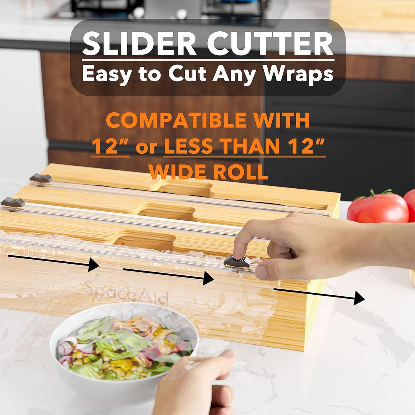 SpaceAid WrapNeat 2 in 1 Wrap Organizer with Cutter and Labels, Plastic Wrap, Aluminum Foil and Wax Bamboo Dispenser for Kitchen Storage Organization Holder for 12" Roll (Natural, 2-Slot)