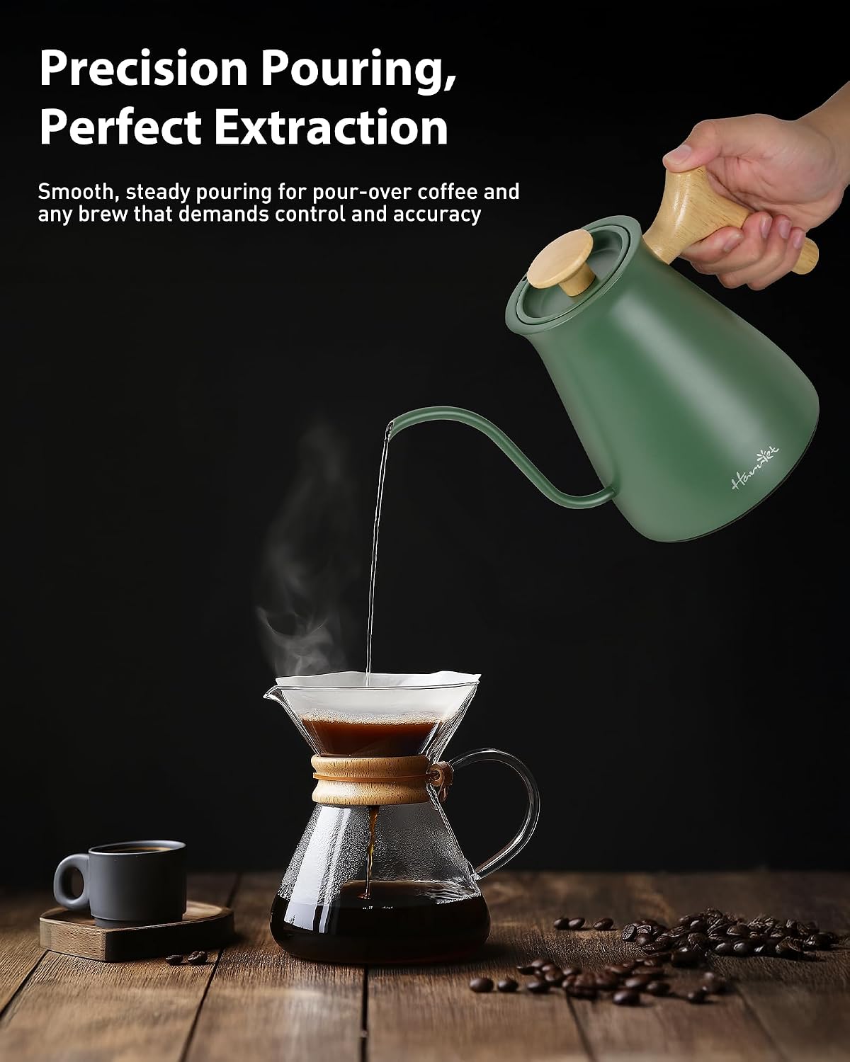 Harriet Gooseneck Electric Kettle for Pour Over Coffee, Variable Temperature, 1200W Fast Boil, Brew Timer, 2-Hour Keep Warm, Stainless Steel Interior, Wooden Handle