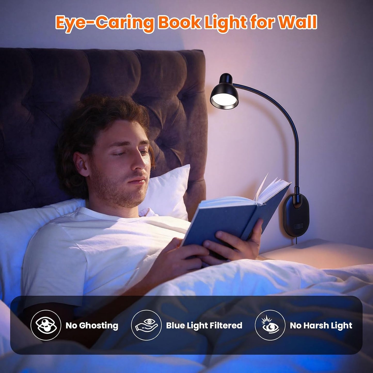 Wall Mounted Reading Light, LED Wall Bedside Lamp with Adapter, 5 Color & 10 Brightness, Plug-in Adhesive Wall Reading Lights for Books in Bed, Auto-Off Timer Wall Lights for Bedroom Headboard Black
