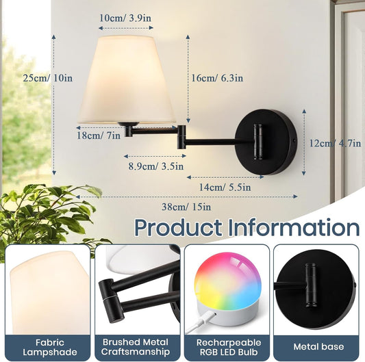 Cordless Battery Operated Wall Sconces Set of 2, Black Swing Arm Wall Sconce, Rechargeable Wall Mounted Reading Light Bedside Wall Lamp, Wireless Wall Sconce Fixtures for Bedside, Hallway, Study