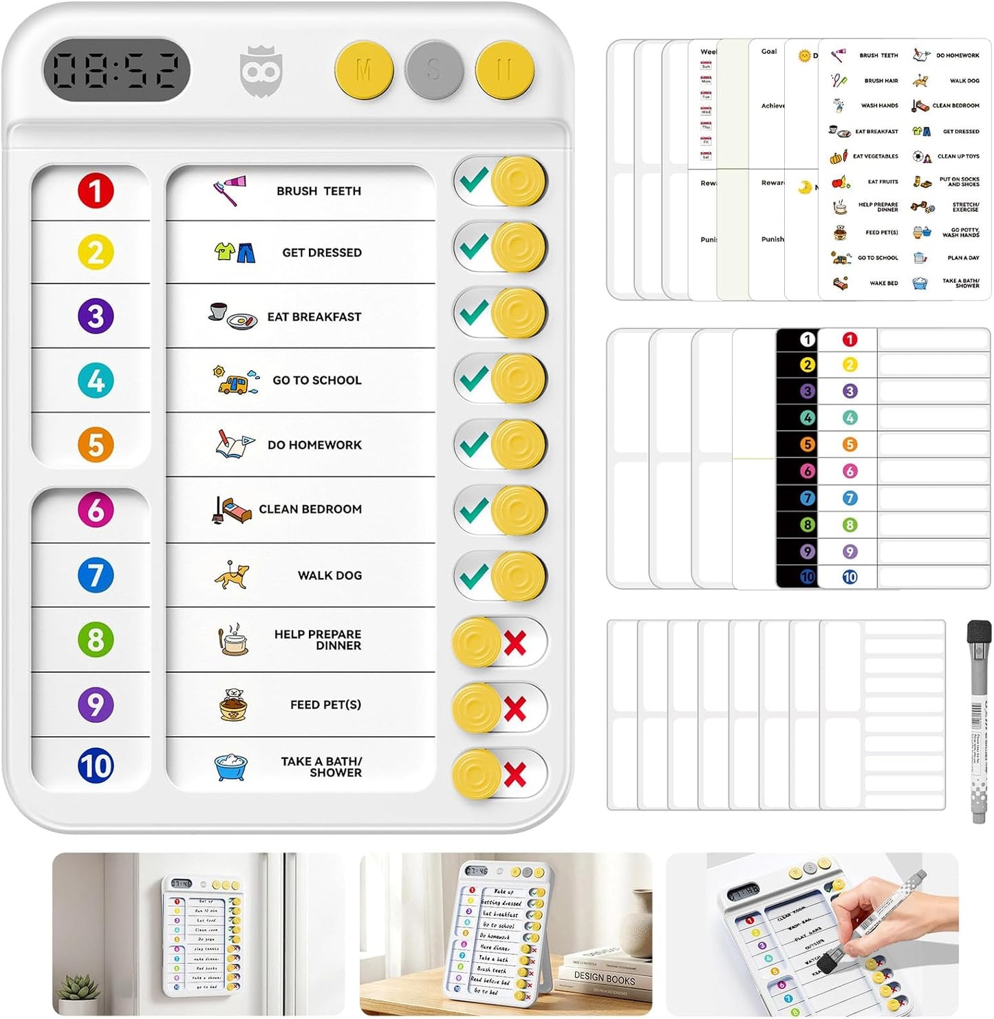 Chore Chart for Kids with Visual Timer, ADHD Tools Visual Schedule Planning Board with Slider, 20 Personalizable Cards and Magnetic Marker, Morning/Bedtime/Daily Routine Chart Checklist - Blue