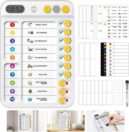 Chore Chart for Kids with Visual Timer, ADHD Tools Visual Schedule Planning Board with Slider, 20 Personalizable Cards and Magnetic Marker, Morning/Bedtime/Daily Routine Chart Checklist - Blue