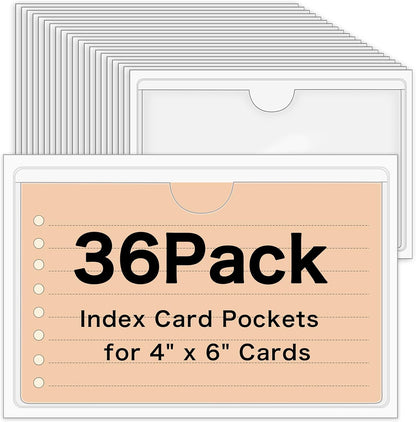 36 Pack 3" x 5" Adhesive Index Card Holders Clear PVC Label Holders | Top-loading label pockets, removable adhesive, clear PVC, for bins, shelves, totes, library and office use