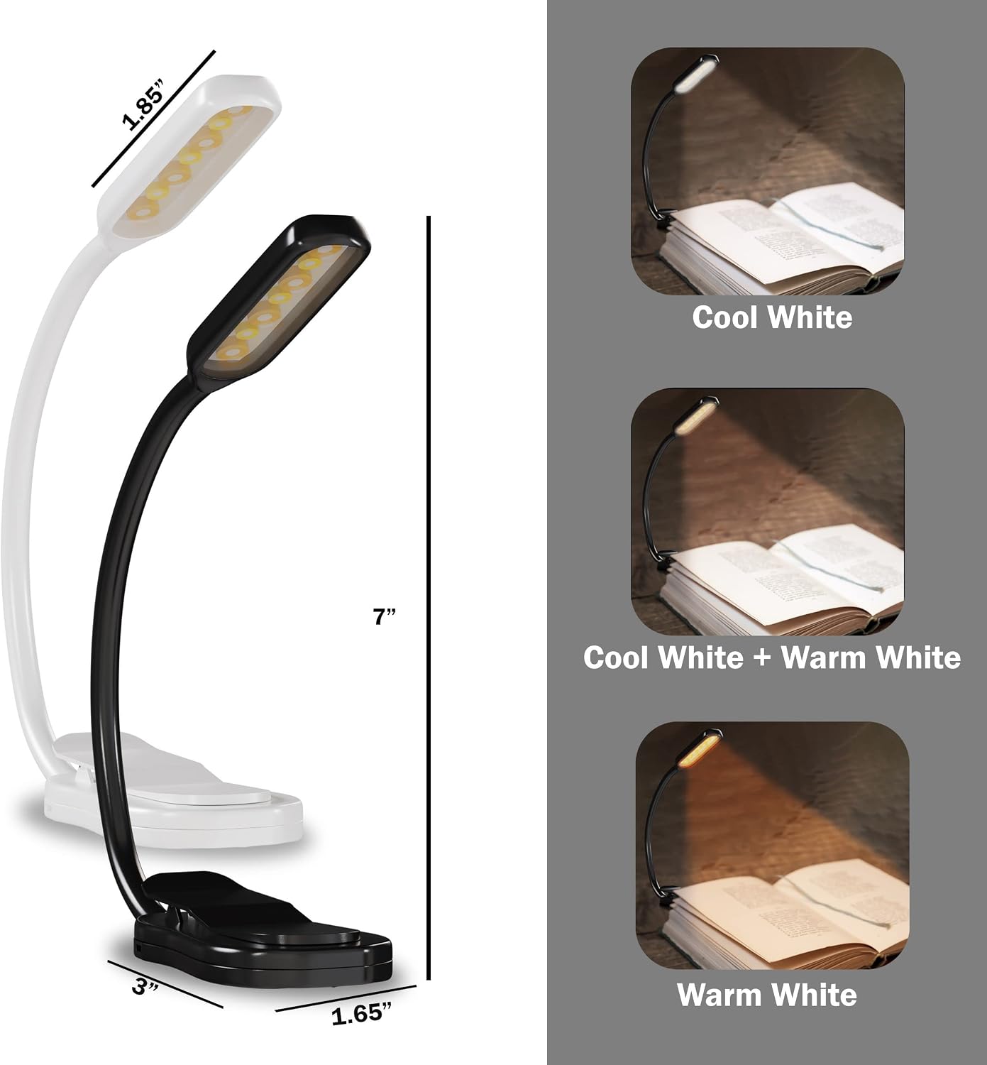 BaHoki Essentials Book Clip Lamp - Small Size Rechargeable LED Clip On Flash Light - Book Light for Reading in Bed