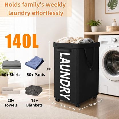 Optish Laundry Basket with Wheels, 90L Rolling Laundry Hamper with Wheels, Large Clothes Hamper on Wheel with Removable Mesh Bag for Bedroom, Dorm Room Essentials, Black