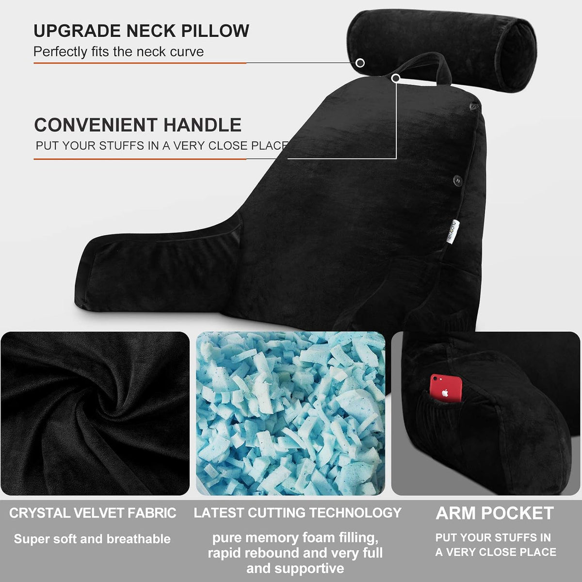 26" Reading Pillow for Sitting Up in Bed, Backrest with Arms