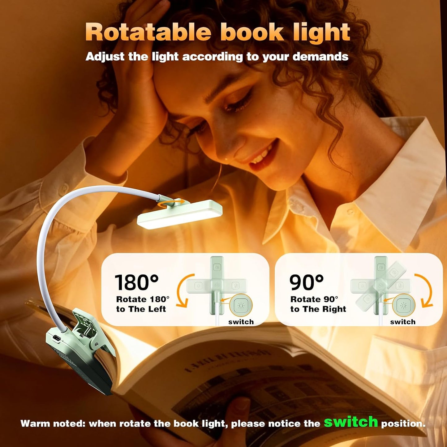 VAVOFO Rechargeable Book Light Rotatable：24 LEDs Reading Light, 3-Color & 9-Brightness Book Lamp, Eye Cared 120Hrs Runtime Lightweight Clip on Led Light for Book Lovers (Black)