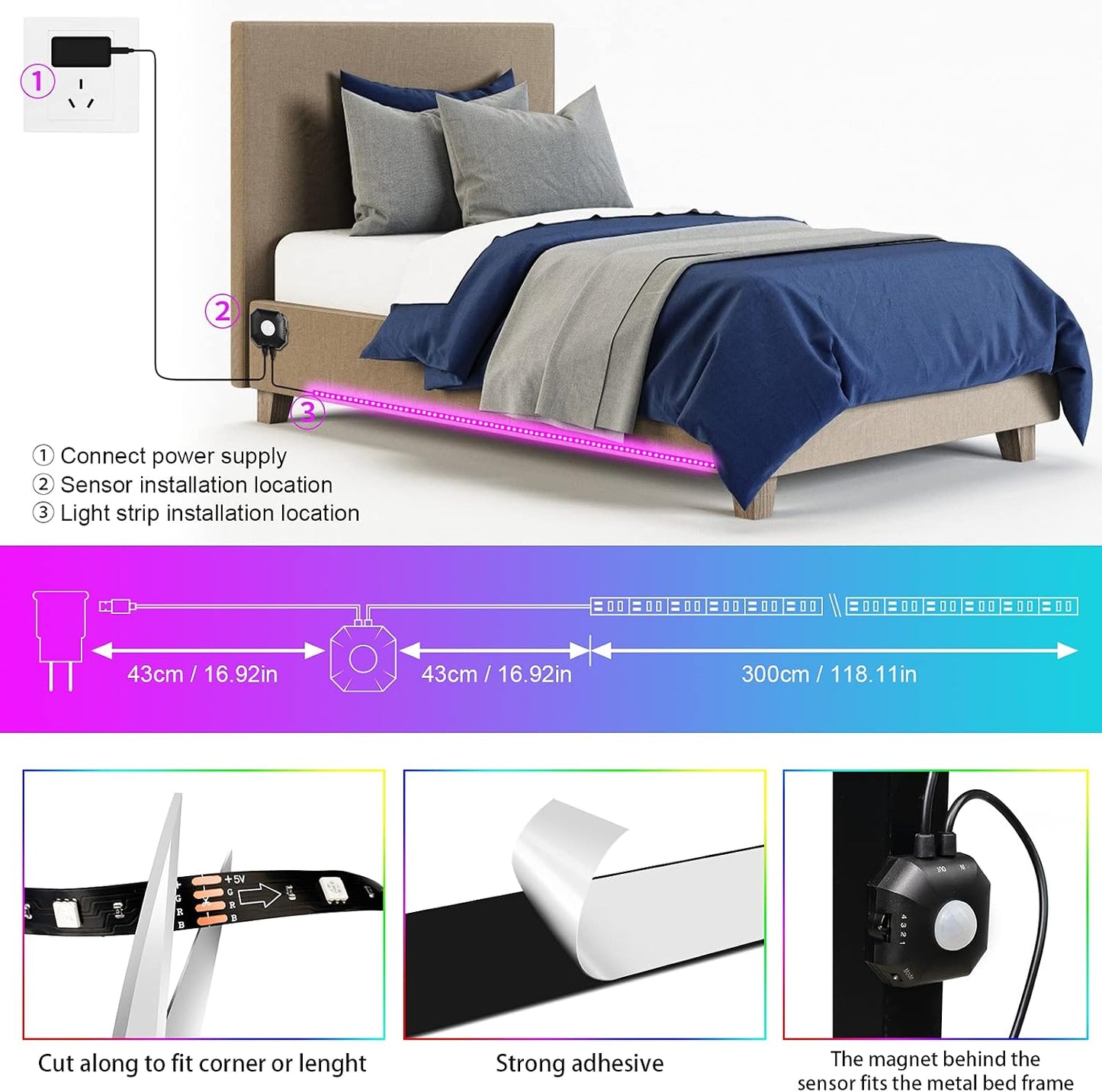 Under Bed Lights 2 Set*9.84ft Motion Activated RGB LED Strip Light, App Control/Variety Color/Dimmable/Dynamic Music Sync/5V USB, Motion Sensor LED Strip Light for Bed Cabinet Staircase Bedroom