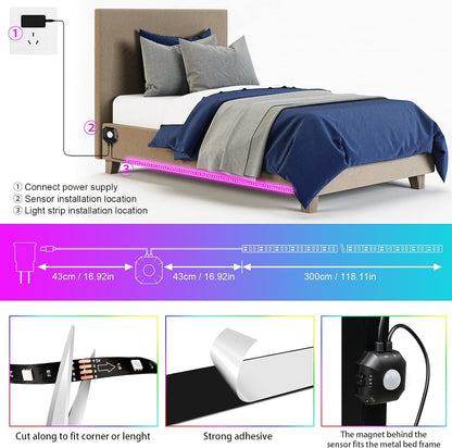 Under Bed Lights 2 Set*9.84ft Motion Activated RGB LED Strip Light, App Control/Variety Color/Dimmable/Dynamic Music Sync/5V USB, Motion Sensor LED Strip Light for Bed Cabinet Staircase Bedroom