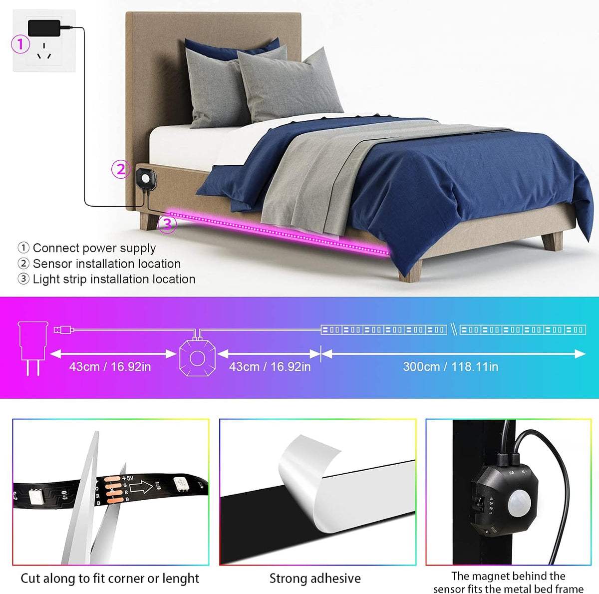Under Bed Lights *9.84ft Motion Activated RGB LED Strip Light, App Control/Variety Color/Dimmable/Dynamic Music Sync/5V USB, Motion Sensor LED Strip Light for Bed Cabinet Staircase Bedroom