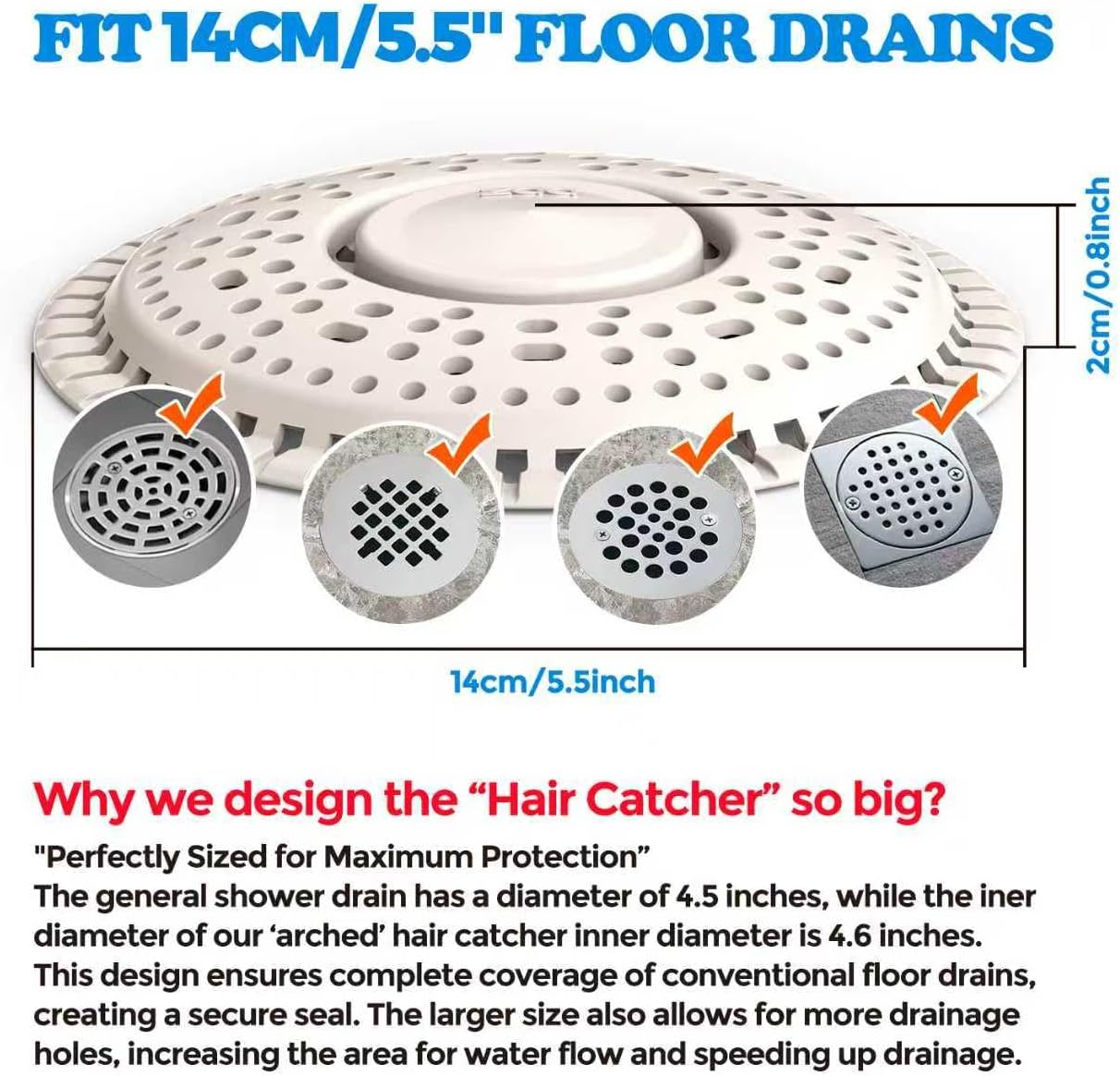 Shower Drain Hair Catcher Silicone Flat Floor Strainer Protector | 2 Pack Gray Weighted Flat Shower Drain Protectors, Traps Hair Before Clogs, Easy to Clean in Seconds, Fits Flat Floor Drains