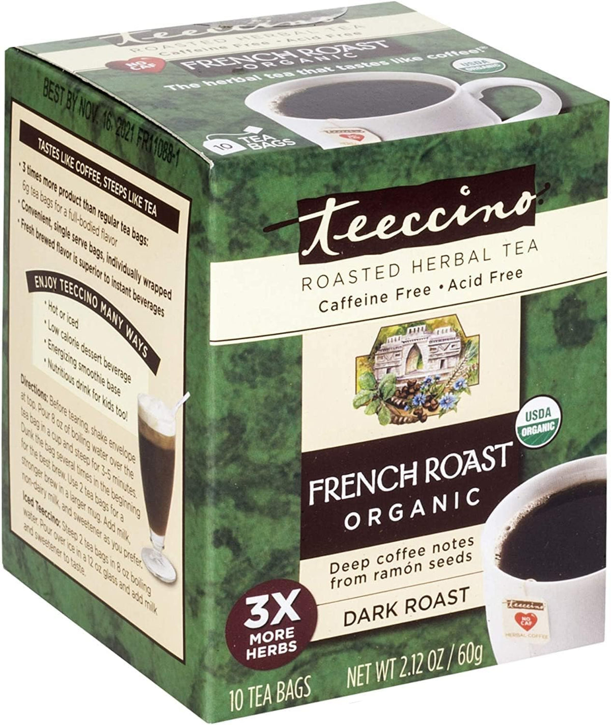 Teeccino Herbal Tea Sampler Assortment - 12 Tea Bags - Maca Chocolaté, French Roast, Hazelnut, Vanilla Nut - Roasted Caffeine Free Herbal Tea, Prebiotic for Natural Energy