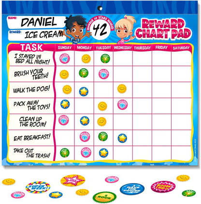 Behavior Reward Chart System - Pad with 26 Chore Charts for Kids, 2800 Stickers to Motivate Responsibility & Good Habits