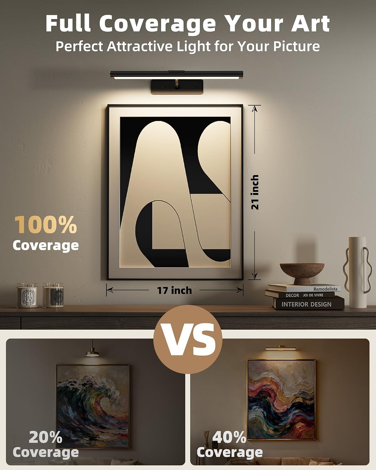 EZVALO Picture Light for Wall, 4800mAh Rechargeable Wireless Gold Light with IR Remote, Dimmable Magnetic LED Art Display Light with 3 Color Temperatures, for Gallery, Living Room, Bedroom(2Pack)
