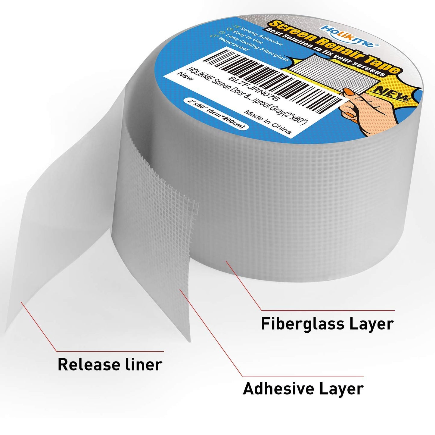 Holikme Window Screen Repair Tape, Door Window Fly Lanai Screen Repair kit Patch Tape Strong Adhesive Long Lasting Fiberglass Covering Wire Mesh Repair Tape Seal for Repair Holes Tears 2"W×80"L, Grey